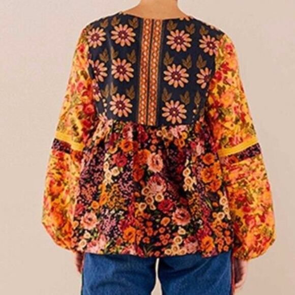 FARM Rio NWT Vibrant Flowers Garden Lace Trim V-Neck Bold Long Sleeve Blouse XS - Picture 6 of 10